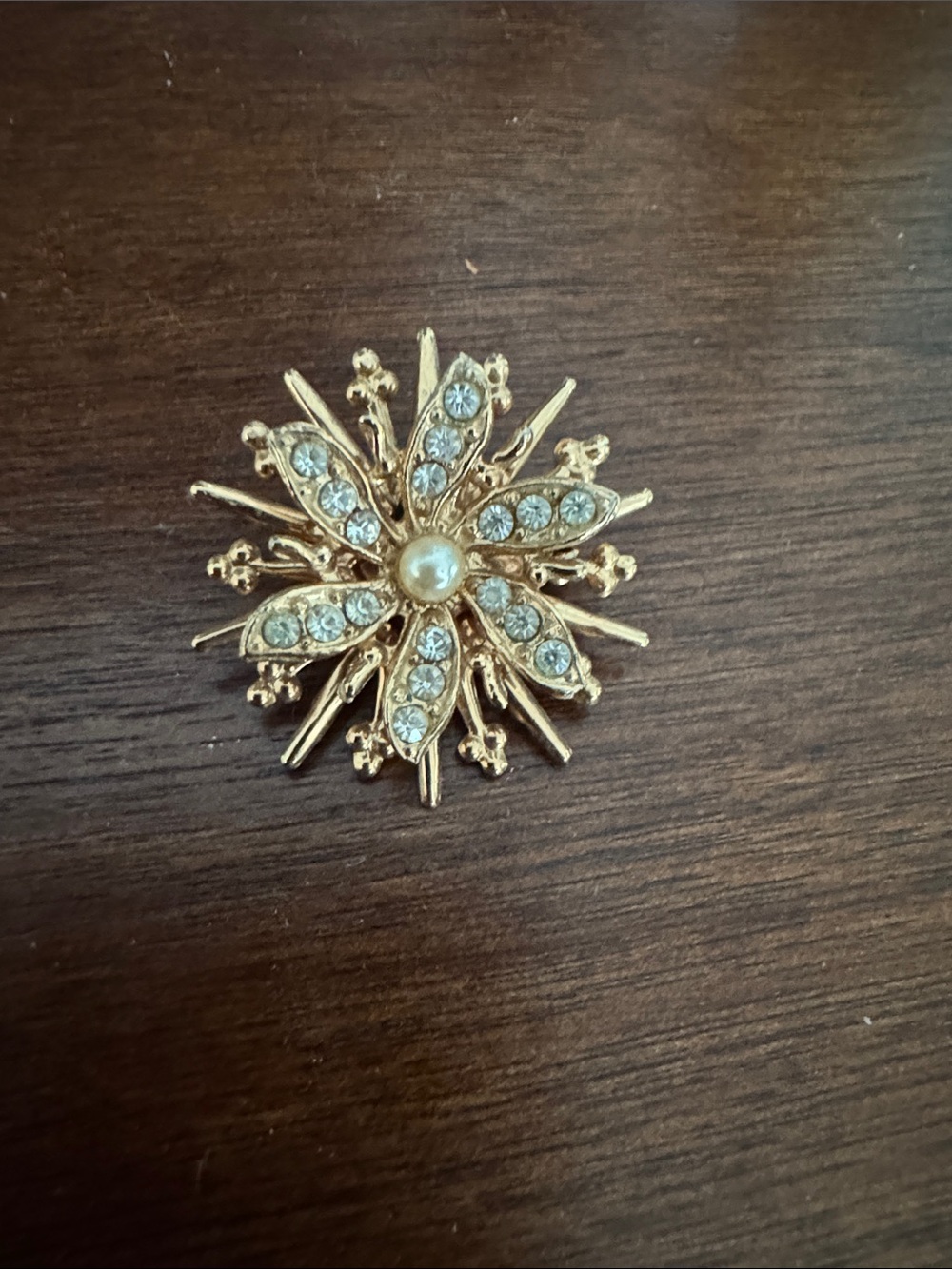 Gold Crystal Snowflake Brooch with Pearl Center - Women Jewelry